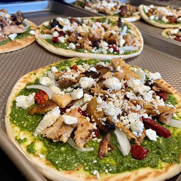 spring pesto chicken fetta pizza