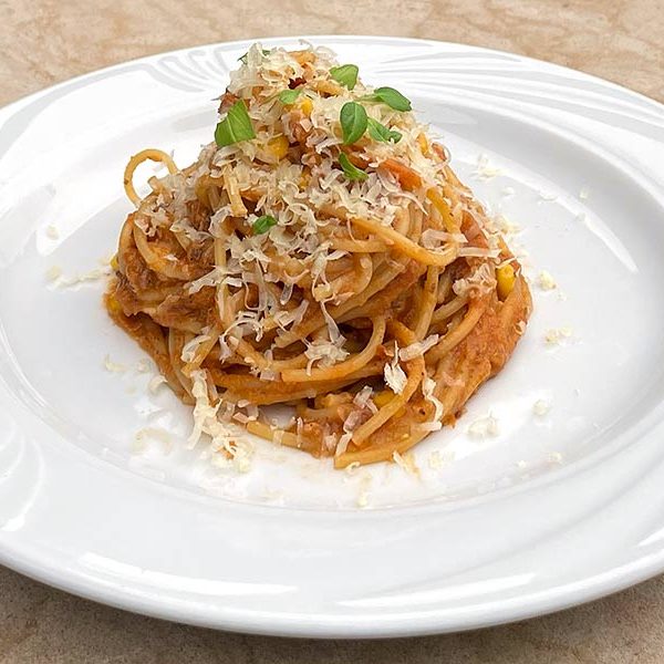 recipe for Smoked Parmesan on creamy corn and tomatoe spaghetti